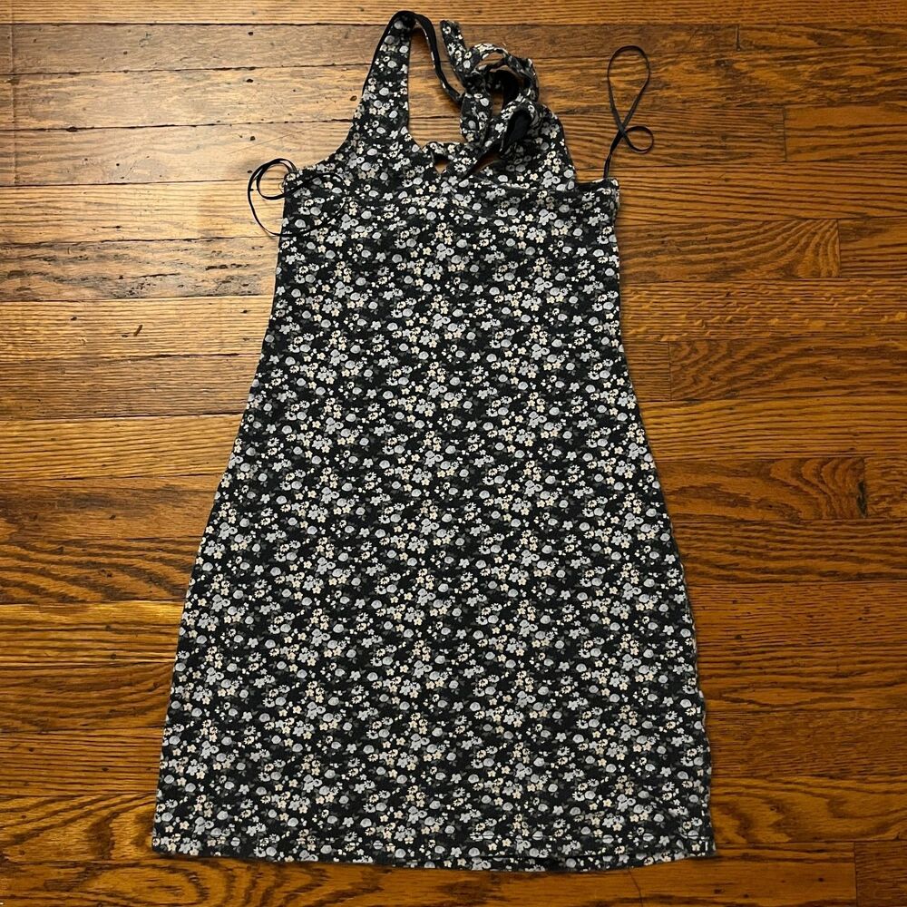 Hollister XS Black Floral Halter Neck Mini Dress Summer Sundress Cotton Blend